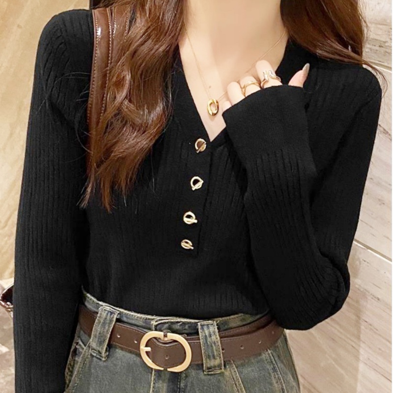 Women's Korean Style V Neck Knitted Top Loose Long Sleeve Inner Basic