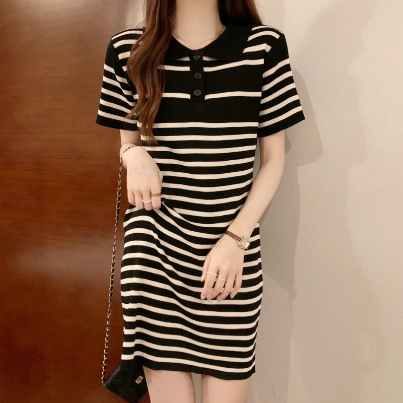 Stella Fashion Women’s Short Sleeve Polo Dress, Striped A-Line Skirt, Casual Korean Fashion