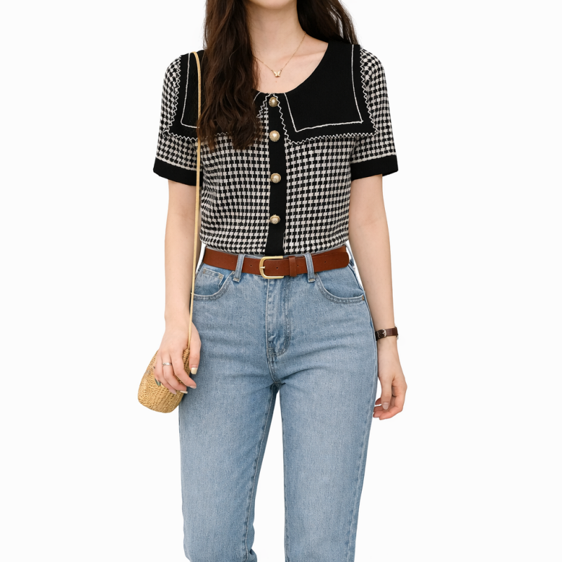 Stella Fashion Women’s Elegant Houndstooth Knitted Cardigan with Sailor Collar, Princess Sleeves, Pearl Buttons, Black & White Spring Fashion Top