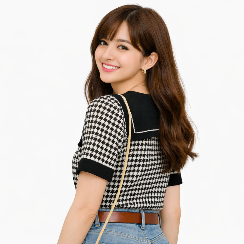 Stella Fashion Women’s Elegant Houndstooth Knitted Cardigan with Sailor Collar, Princess Sleeves, Pearl Buttons, Black & White Spring Fashion Top