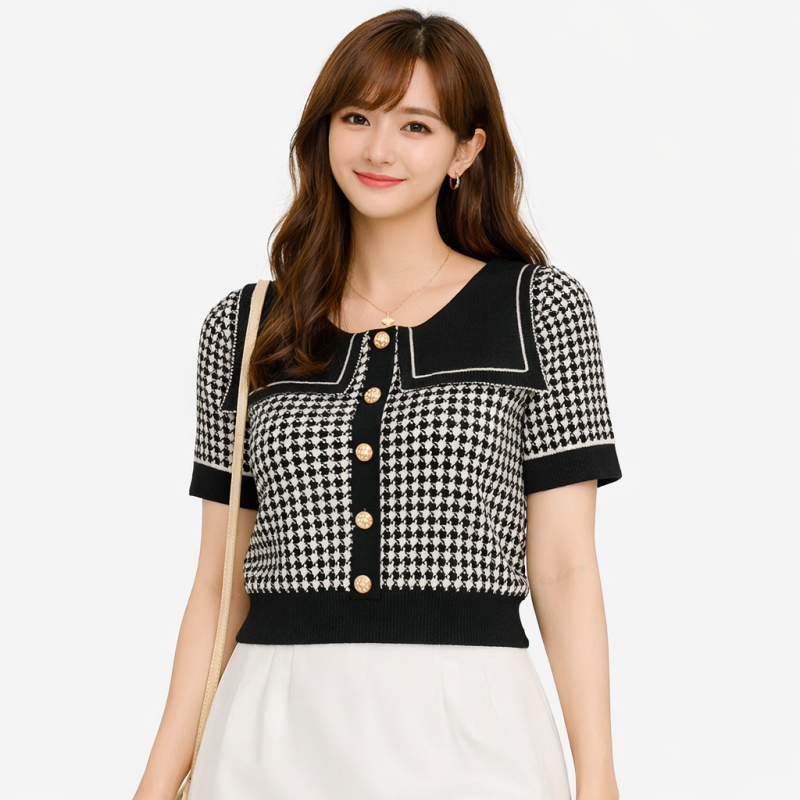 Stella Fashion Women’s Elegant Houndstooth Knitted Cardigan with Sailor Collar, Princess Sleeves, Pearl Buttons, Black & White Spring Fashion Top