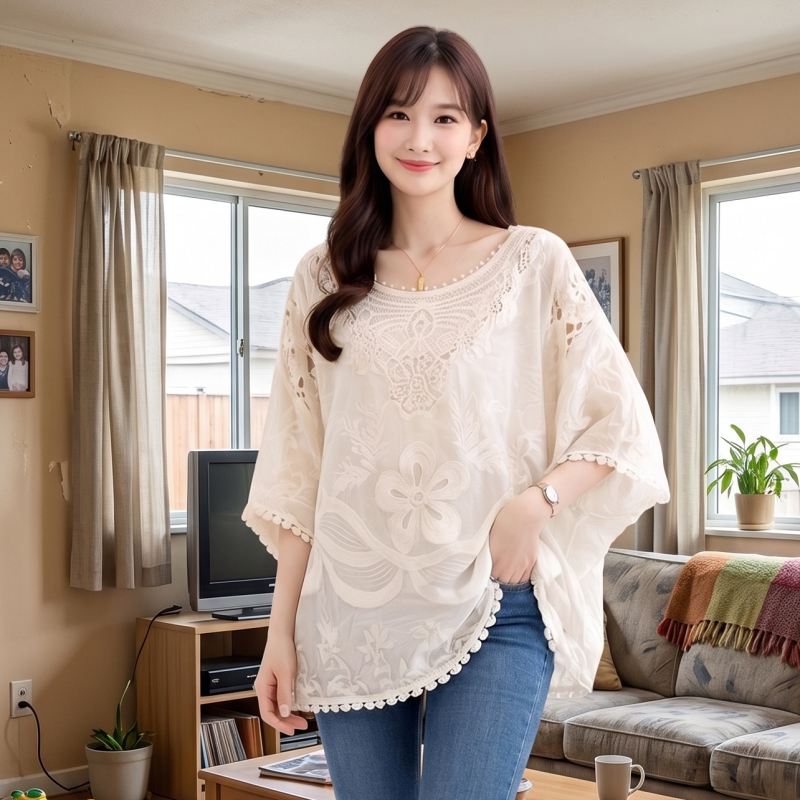 Stella Fashion Fresh Lace Embroidery Blouse – Lightweight, Sweet & Elegant, Perfect for Daily Wear