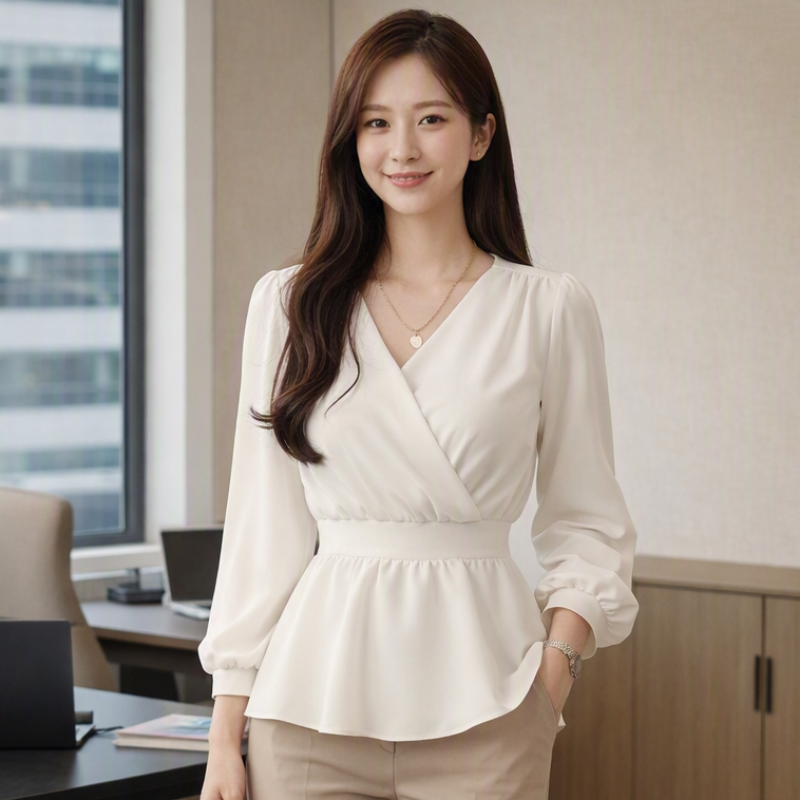 Stella Fashion Women Elegant Chiffon V-Neck Peplum Blouse – Lantern Sleeve Wrap Top Tie Waist Flowy Shirt Office Casual Date Wear