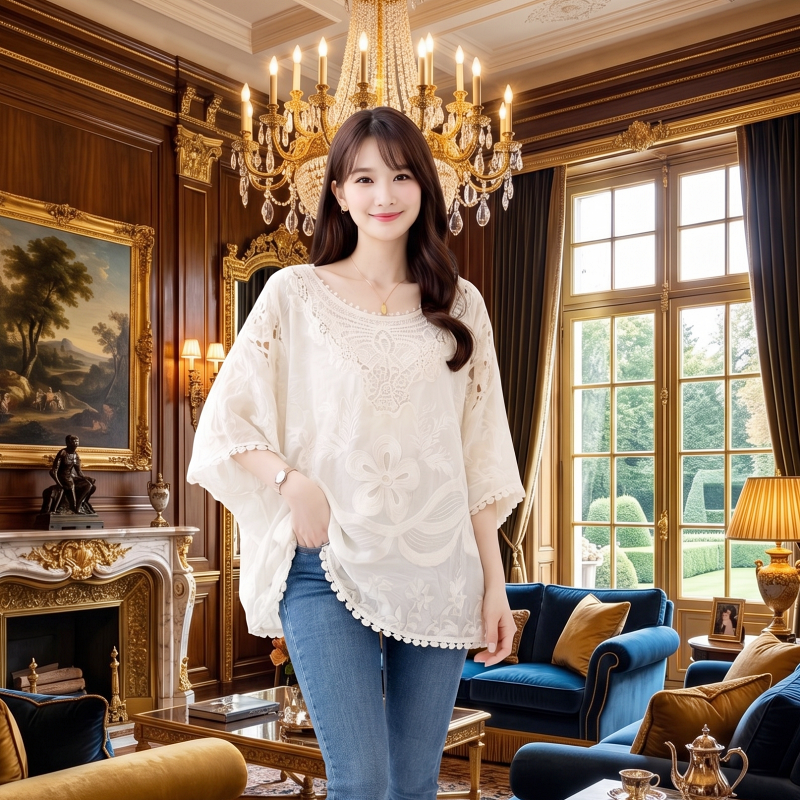 Stella Fashion Fresh Lace Embroidery Blouse – Lightweight, Sweet & Elegant, Perfect for Daily Wear