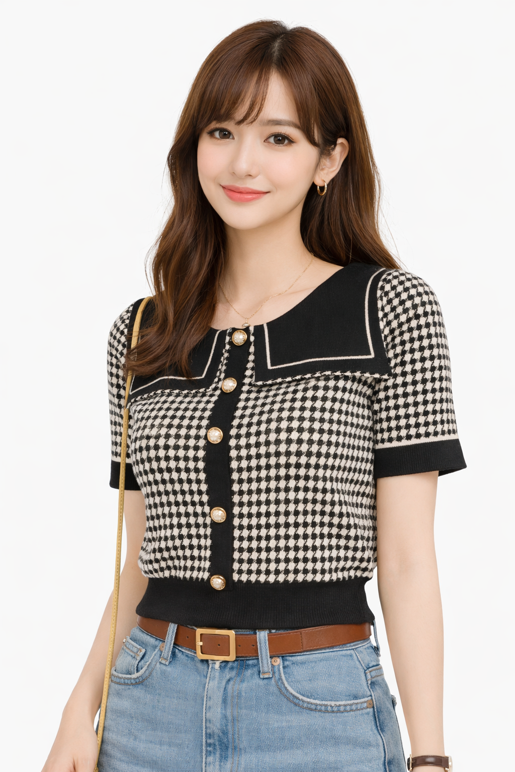 Stella Fashion Women’s Elegant Houndstooth Knitted Cardigan with Sailor Collar, Princess Sleeves, Pearl Buttons, Black & White Spring Fashion Top