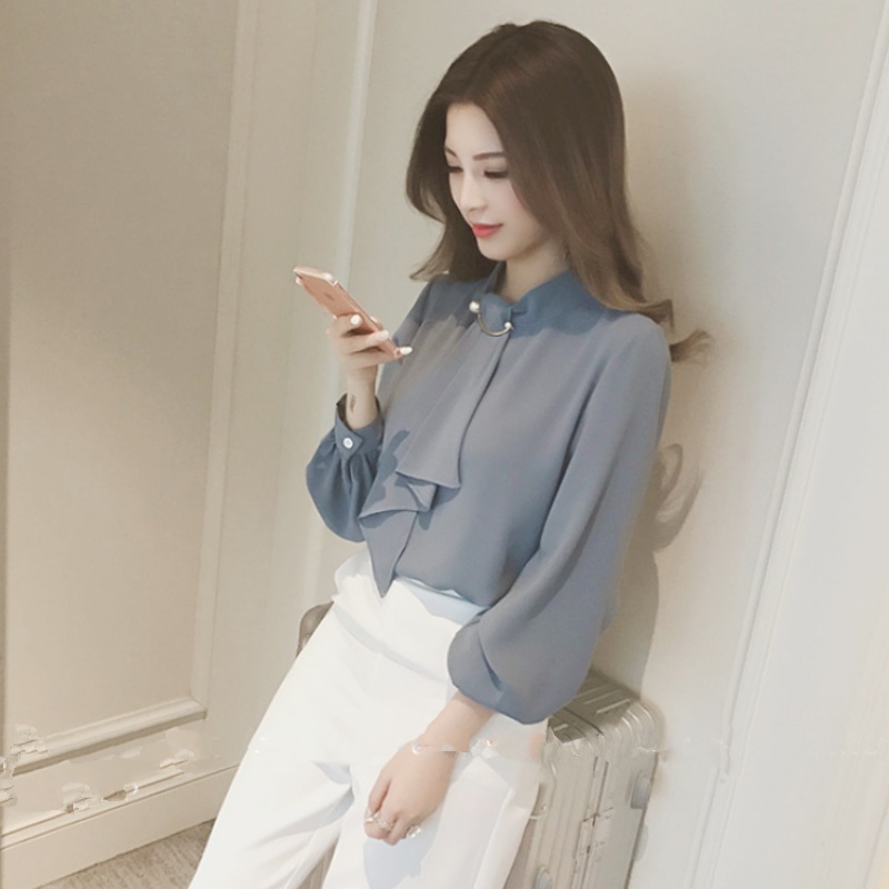 Stella Fashion Women's Long Sleeve Shirt Korean Style Solid Color Lantern Sleeve Chiffon Blouse
