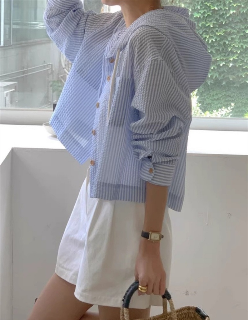 Stella Fashion Korean All-Match Single -Breasted Striped Contrast Color Short Loose Long -Sleeved Sunscreen Hooded Shirt-Stella's Fashion