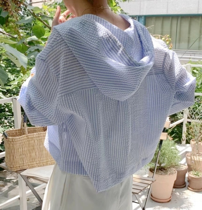 Stella Fashion Korean All-Match Single -Breasted Striped Contrast Color Short Loose Long -Sleeved Sunscreen Hooded Shirt-Stella's Fashion