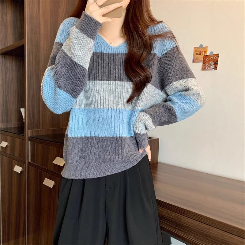 Stella Fashion Korean Style Color Block Chenille Knit Sweater | Soft Loose Fit V-Neck Pullover Top (Free Size)