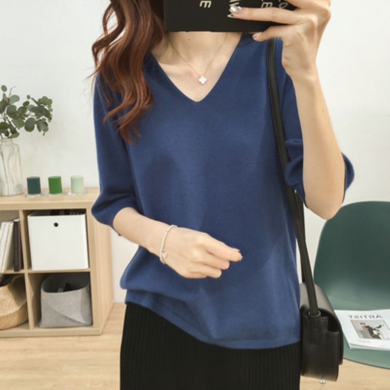 Stella Fashion Women's Mid-Sleeved Pullover With Core-Wrapped Yarn V-N