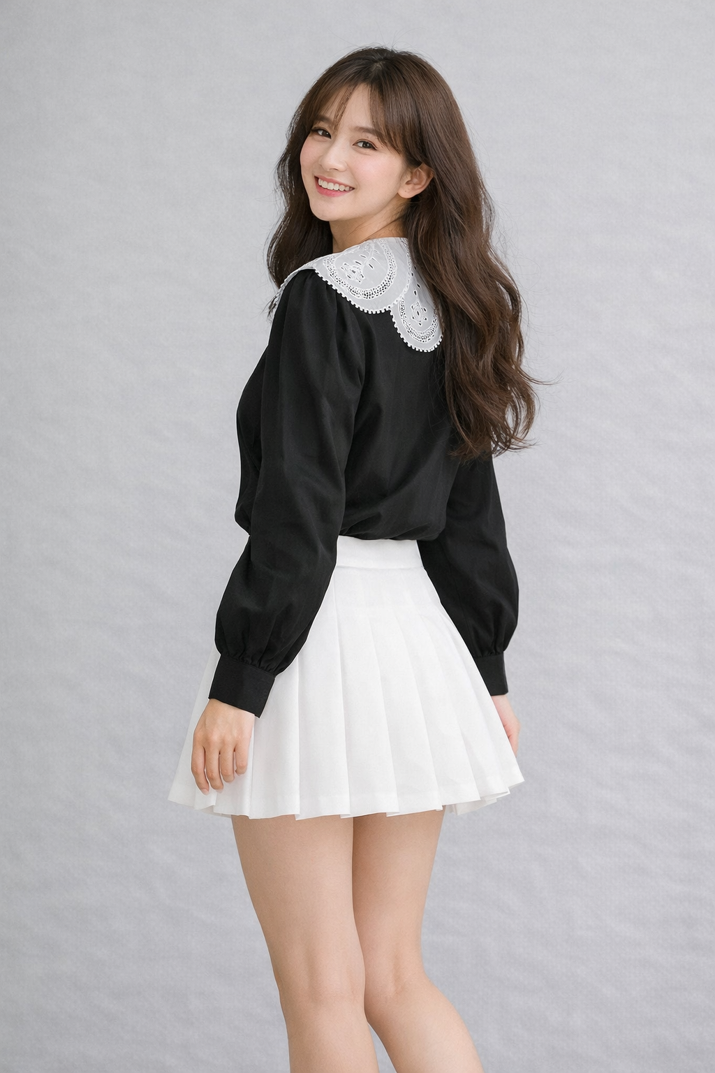 Stella Fashion Women Korean Lace Collar Long Sleeve Blouse Elegant Office Lady White Shirt Puff Sleeve Slim Fit Top S-XL