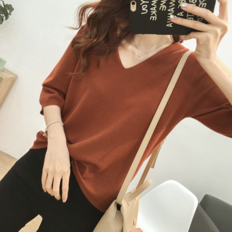 Stella Fashion Women's Mid-Sleeved Pullover With Core-Wrapped Yarn V-N