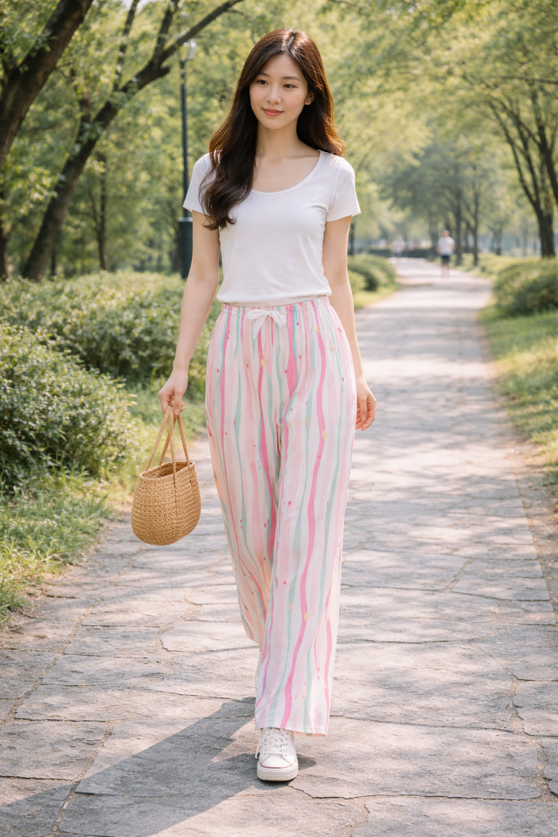Stella Fashion Women Cotton Silk Wide Leg Long Pants | Lightweight Breathable | Casual Printed Loose Trousers | Free Size