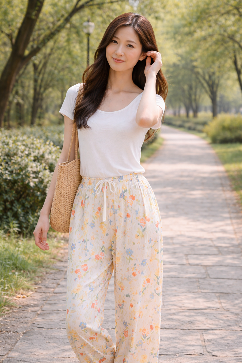 Stella Fashion Women Cotton Silk Wide Leg Long Pants | Lightweight Breathable | Casual Printed Loose Trousers | Free Size