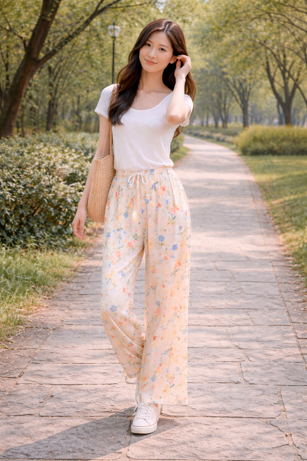 Stella Fashion Women Cotton Silk Wide Leg Long Pants | Lightweight Breathable | Casual Printed Loose Trousers | Free Size