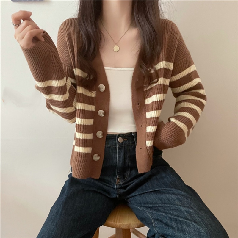 Stella Fashion Women's Striped Knitted Cardigan | Brown & Cream Casual V-Neck Long Sleeve Outerwear-Stella's Fashion