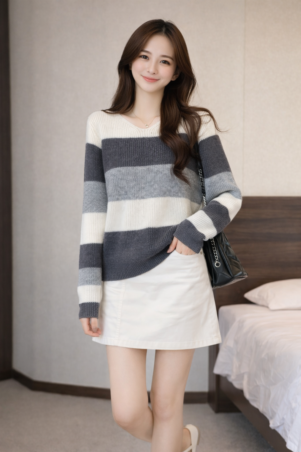 Stella Fashion Korean Style Color Block Chenille Knit Sweater | Soft Loose Fit V-Neck Pullover Top (Free Size)