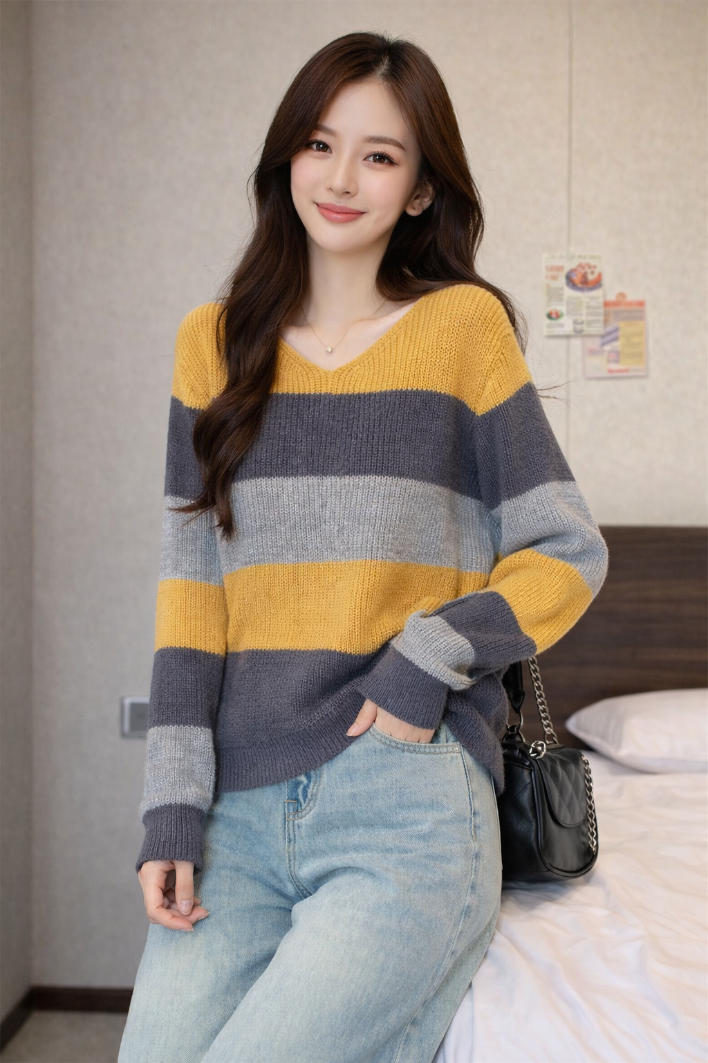 Stella Fashion Korean Style Color Block Chenille Knit Sweater | Soft Loose Fit V-Neck Pullover Top (Free Size)