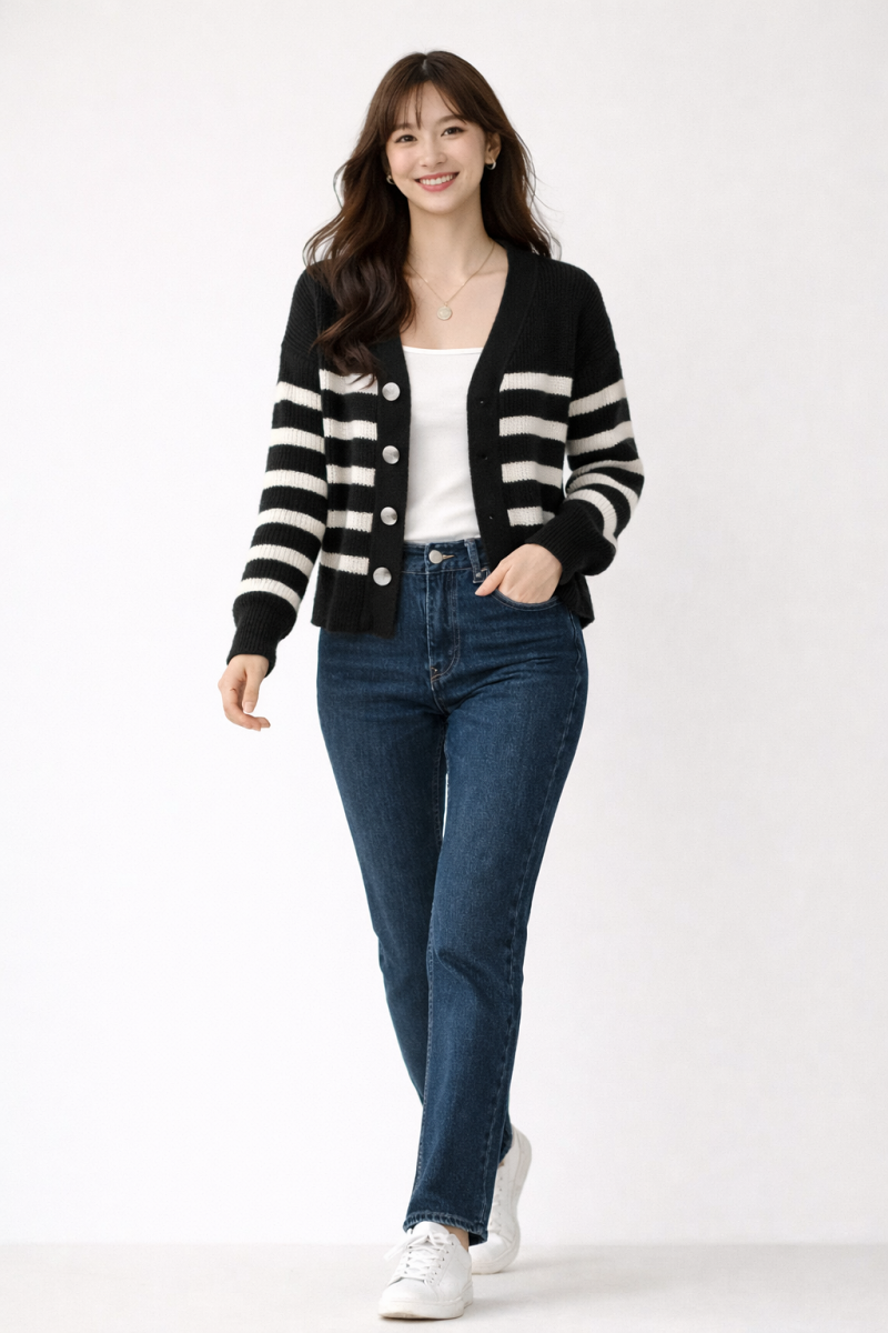 Stella Fashion Women's Striped Knitted Cardigan | Brown & Cream Casual V-Neck Long Sleeve Outerwear