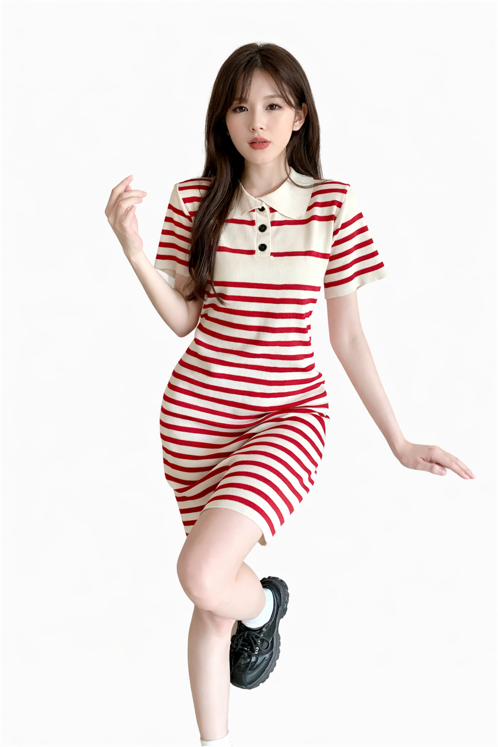 Stella Fashion Women’s Short Sleeve Polo Dress, Striped A-Line Skirt, Casual Korean Fashion