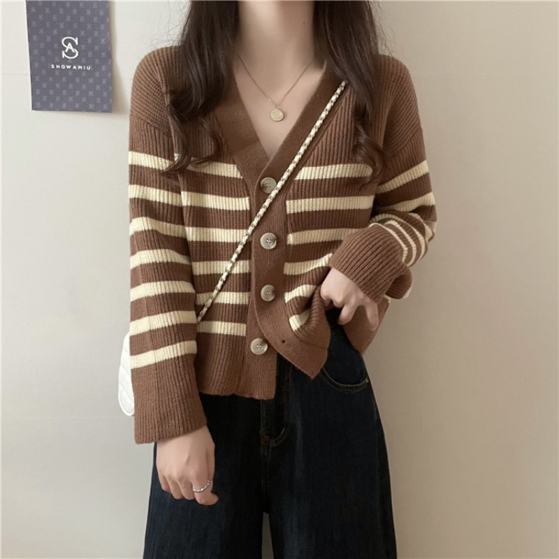 Stella Fashion Women's Striped Knitted Cardigan | Brown & Cream Casual V-Neck Long Sleeve Outerwear-Stella's Fashion