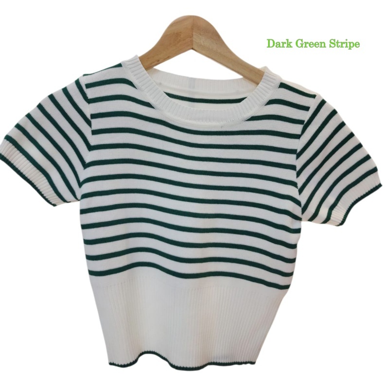 Stella Fashion Korean Style Striped Knit Top Women Short Sleeve Slim Fit Round Neck T-Shirt Pullover