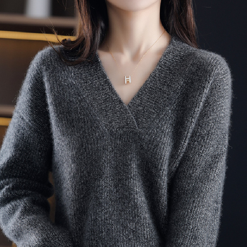 Stella Fashion Korean Style V Neck Knit Sweater Women Loose Fit Long Sleeve Warm Knitted Pullover Casual Winter Top