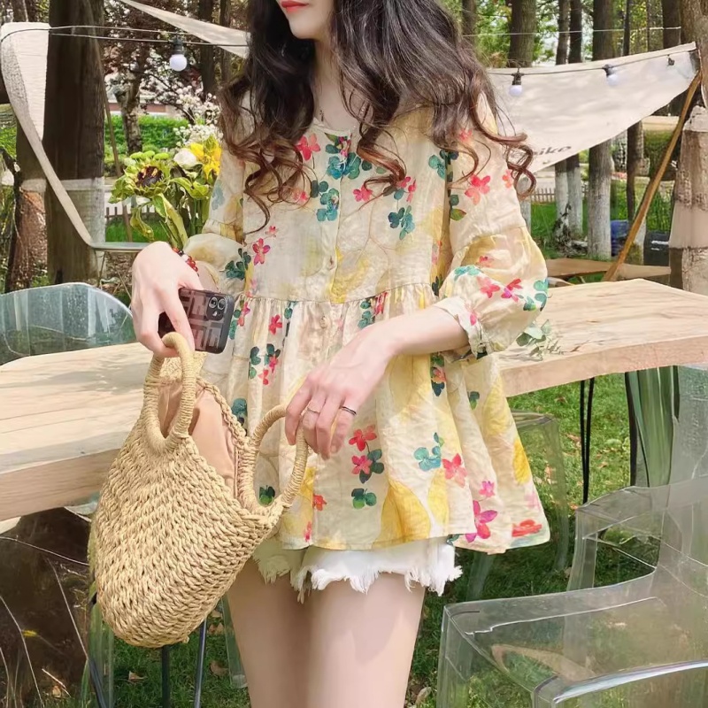 Doll Shirt Top Korean Version Summer Loose Western Style Floral Ramie