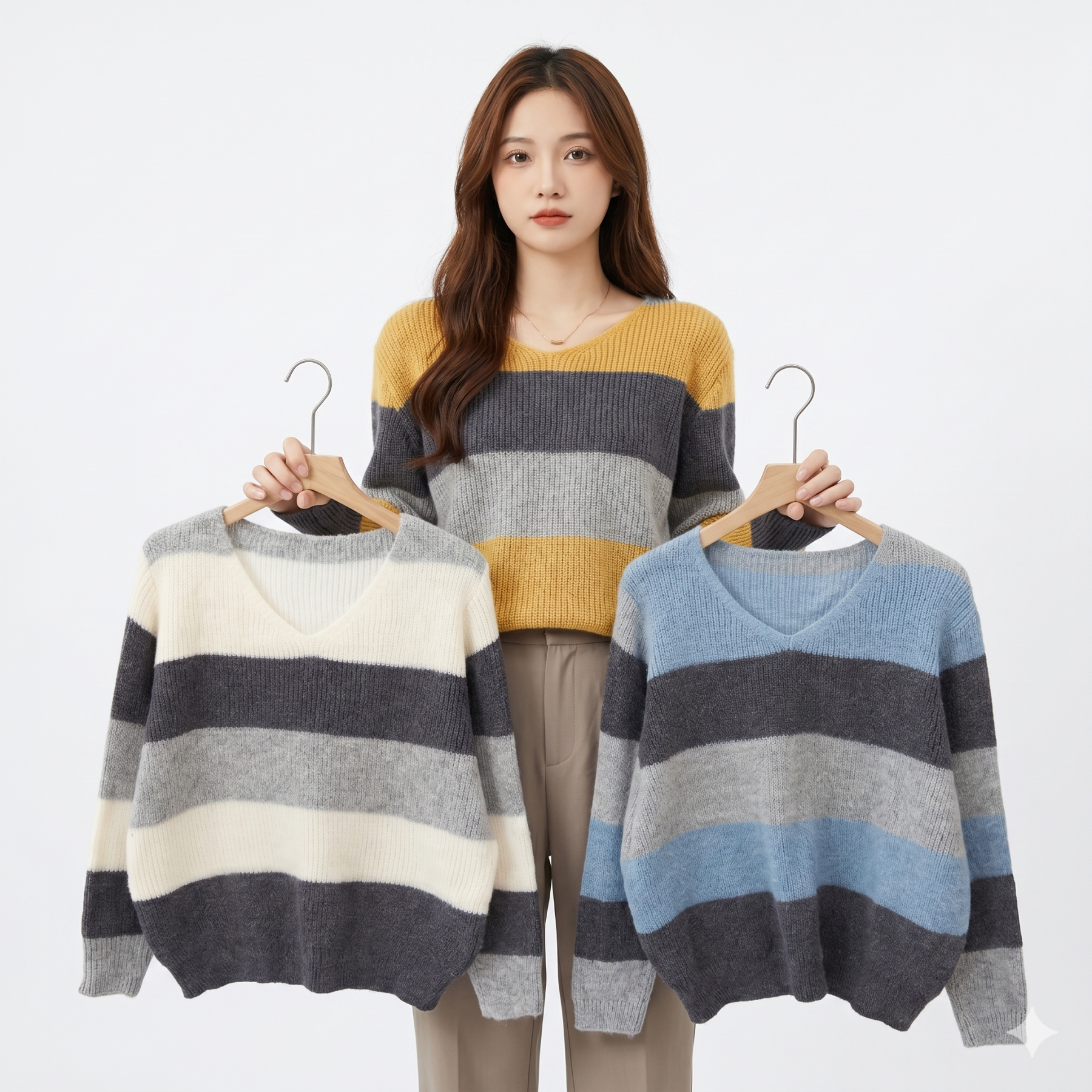 Stella Fashion Korean Style Color Block Chenille Knit Sweater | Soft Loose Fit V-Neck Pullover Top (Free Size)