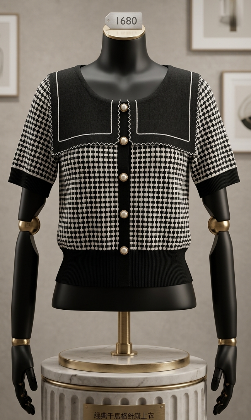 Stella Fashion Women’s Elegant Houndstooth Knitted Cardigan with Sailor Collar, Princess Sleeves, Pearl Buttons, Black & White Spring Fashion Top