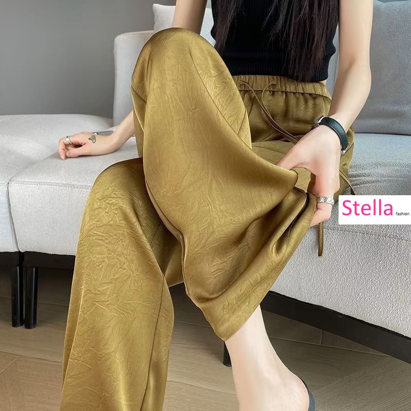 Stella Fashion Women’s Glazed Satin Wide Leg Pants | High Waist Long Trousers | Slimming & Flowing Fit | Summer Fashion Elegant Office Casual