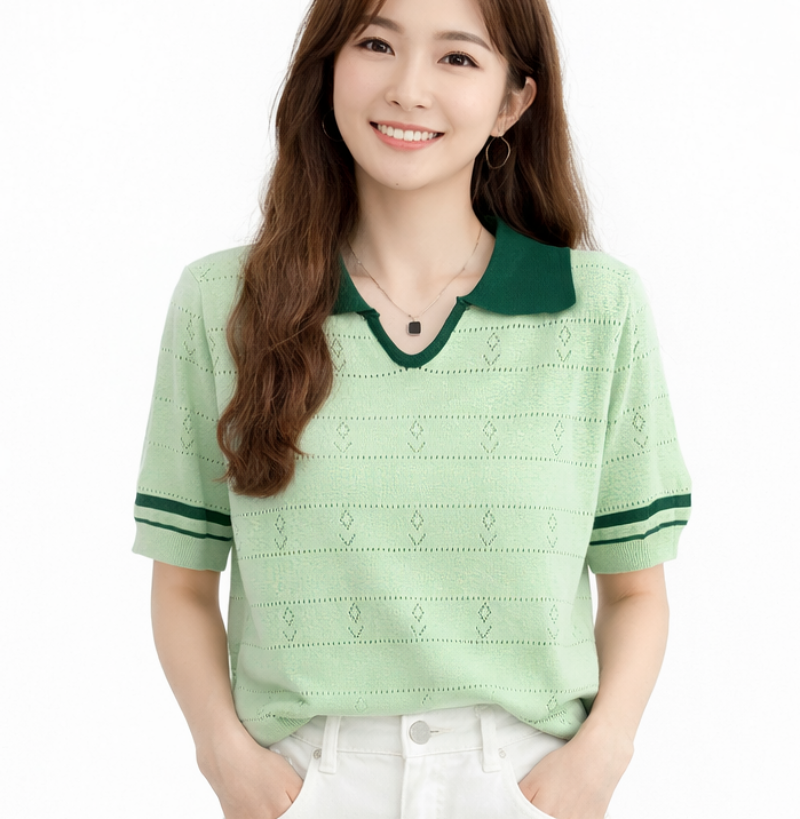 Stella Fashion Sweet Striped Polo Top | Ice Silk Fabric | Slim Fit Pullover | Girly Fashion Blouse