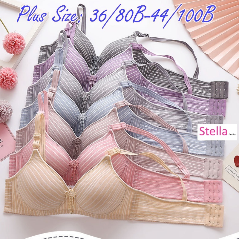 Stella Fashion Middle-aged and elderly skin-friendly cotton striped printed bra without steel ring thin cotton small chest gathered breathable cotton mother underwear bra