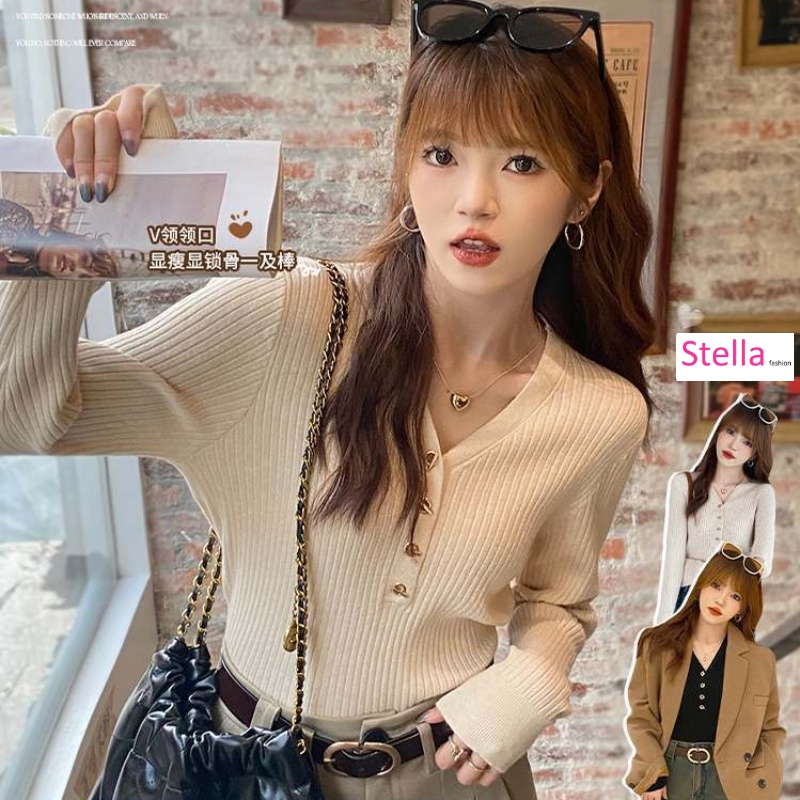 Women's Korean Style V Neck Knitted Top Loose Long Sleeve Inner Basic shirt Bottoming Shirt