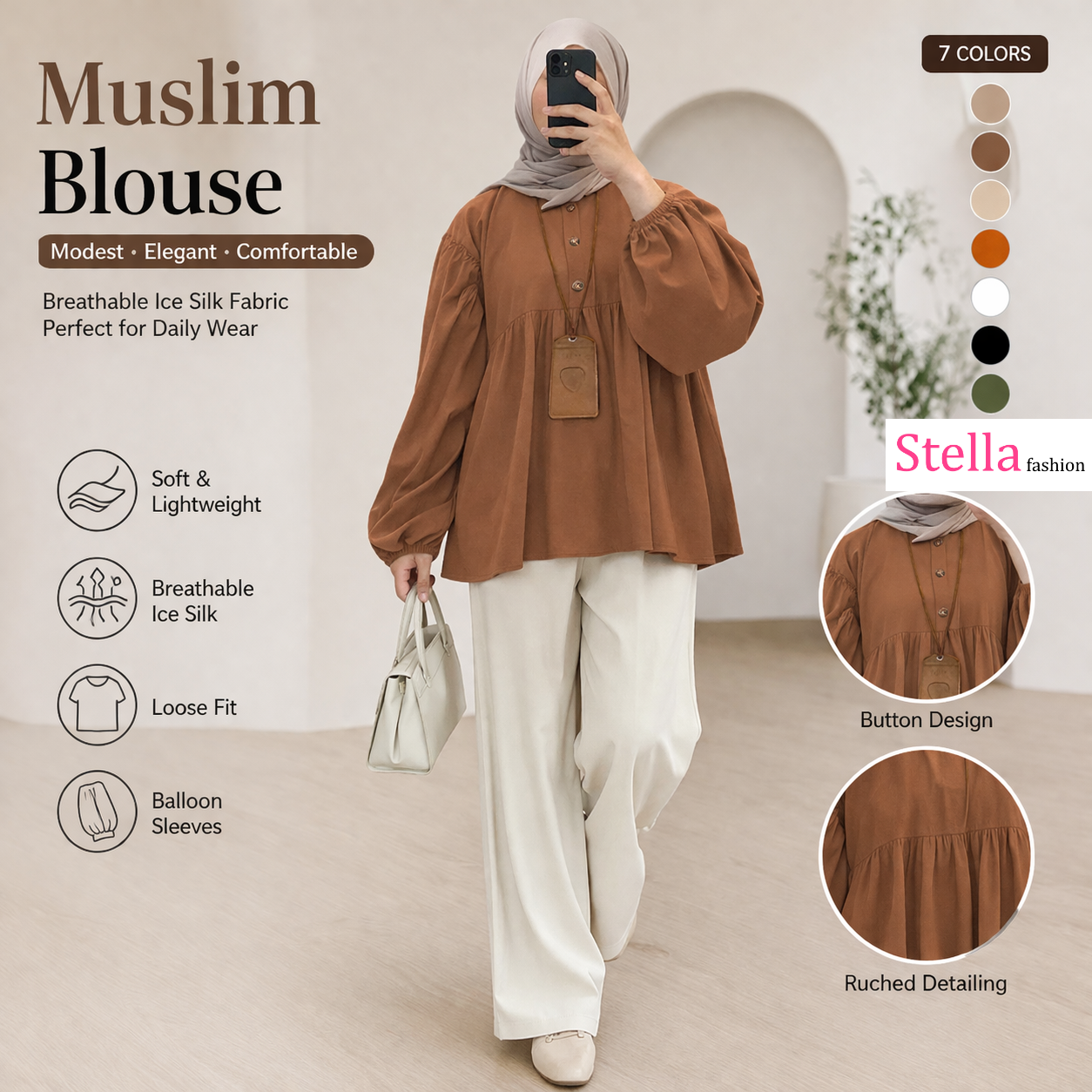 Stella Fashion Muslim Blouse Women Ice Silk Long Sleeve Loose Fit Modest Top Casual Elegant Wear