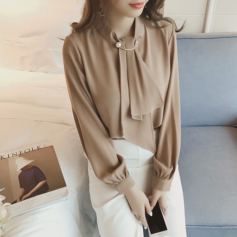 Stella Fashion Women's Long Sleeve Shirt Korean Style Solid Color Lantern Sleeve Chiffon Blouse