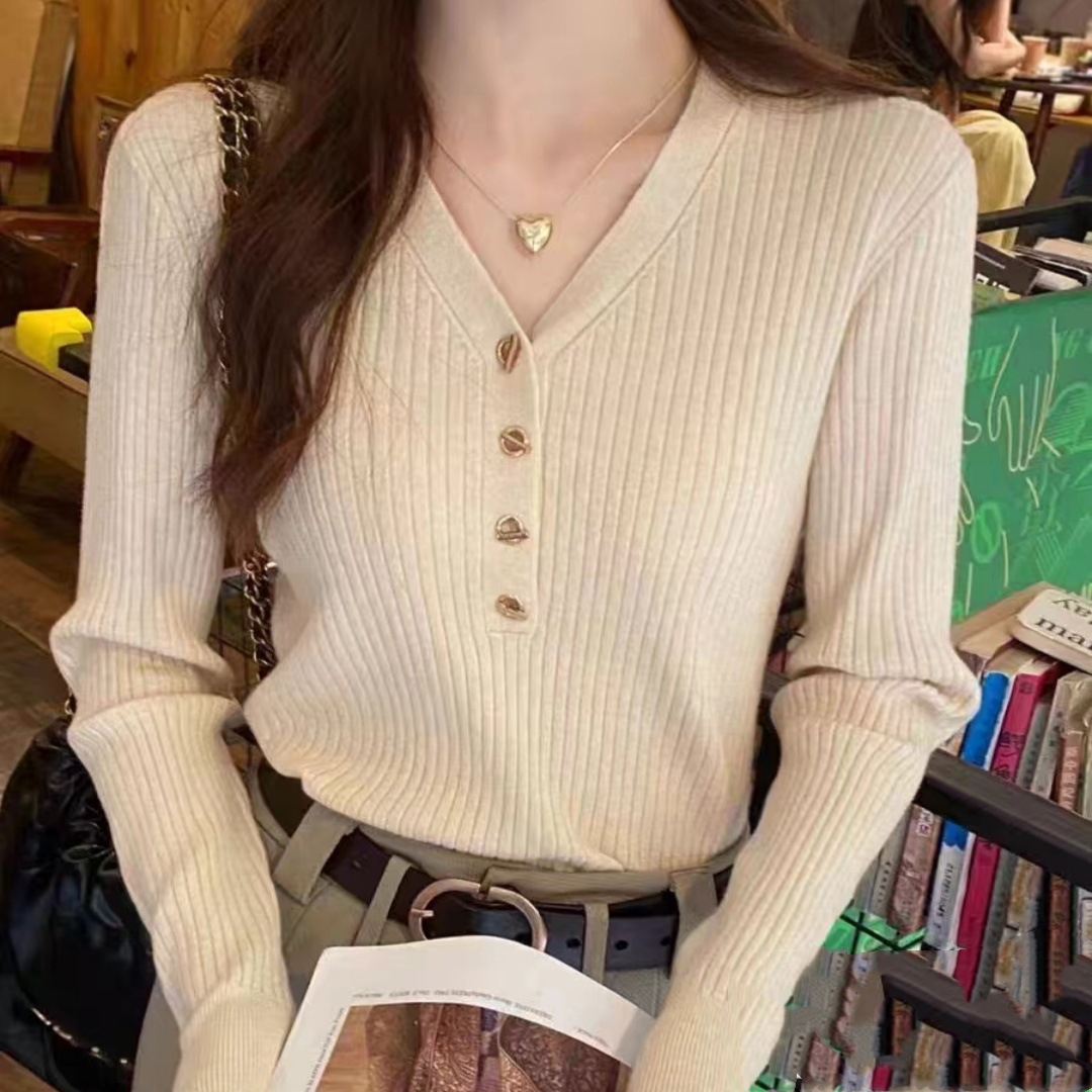 Women's Korean Style V Neck Knitted Top Loose Long Sleeve Inner Basic