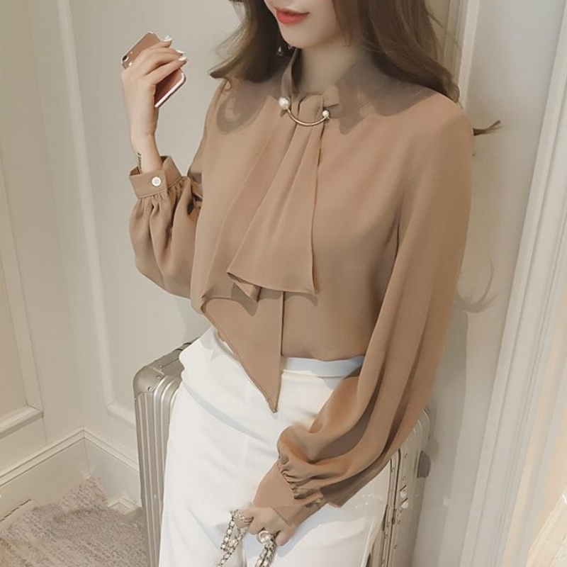 Stella Fashion Women's Long Sleeve Shirt Korean Style Solid Color Lantern Sleeve Chiffon Blouse