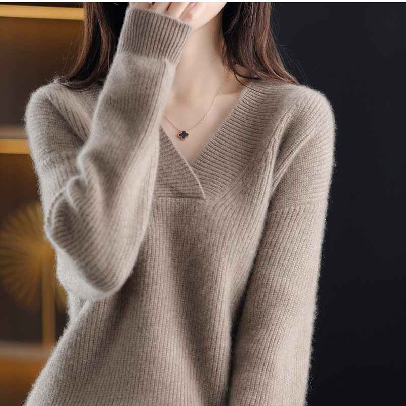 Stella Fashion Korean Style V Neck Knit Sweater Women Loose Fit Long Sleeve Warm Knitted Pullover Casual Winter Top