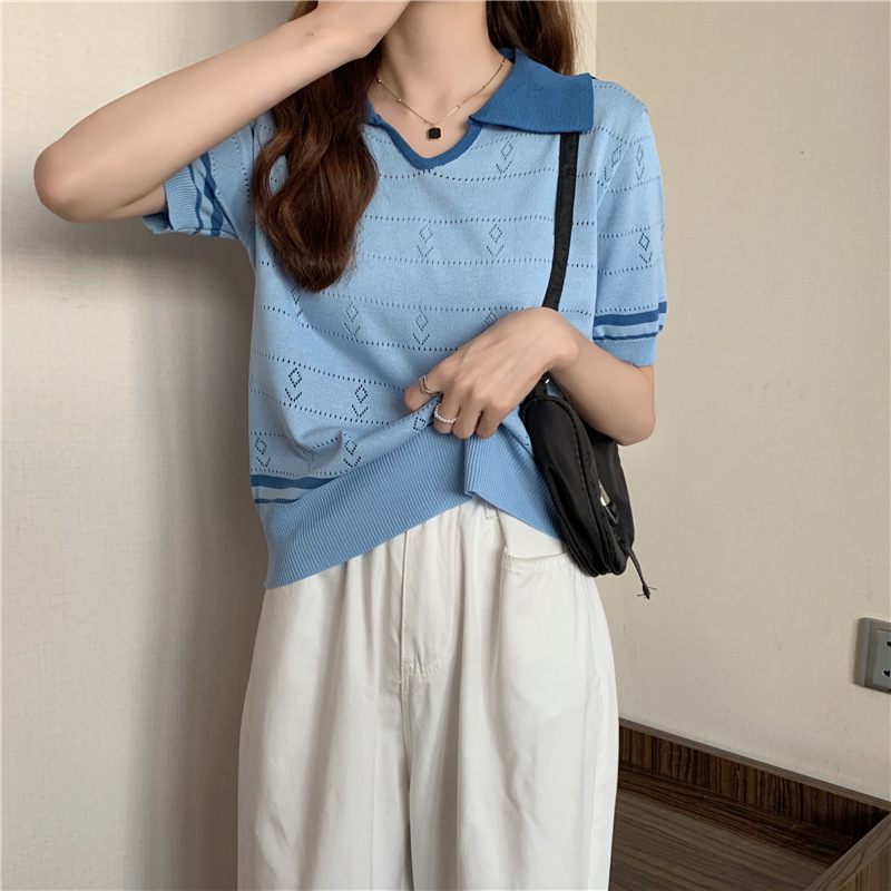 Stella Fashion Sweet Striped Polo Top | Ice Silk Fabric | Slim Fit Pullover | Girly Fashion Blouse