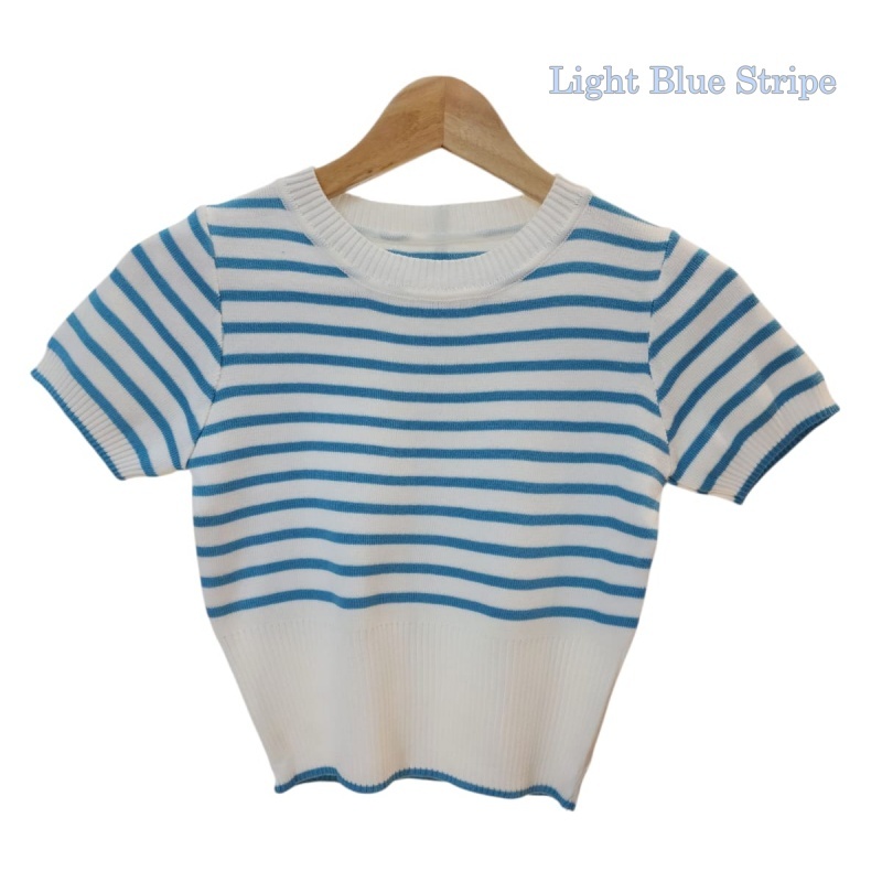 Stella Fashion Korean Style Striped Knit Top Women Short Sleeve Slim Fit Round Neck T-Shirt Pullover
