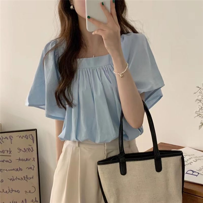 Stella Fashion Women Square Neck Puff Sleeve Blouse | Loose Fit Short Sleeve Casual Top | Light Blue