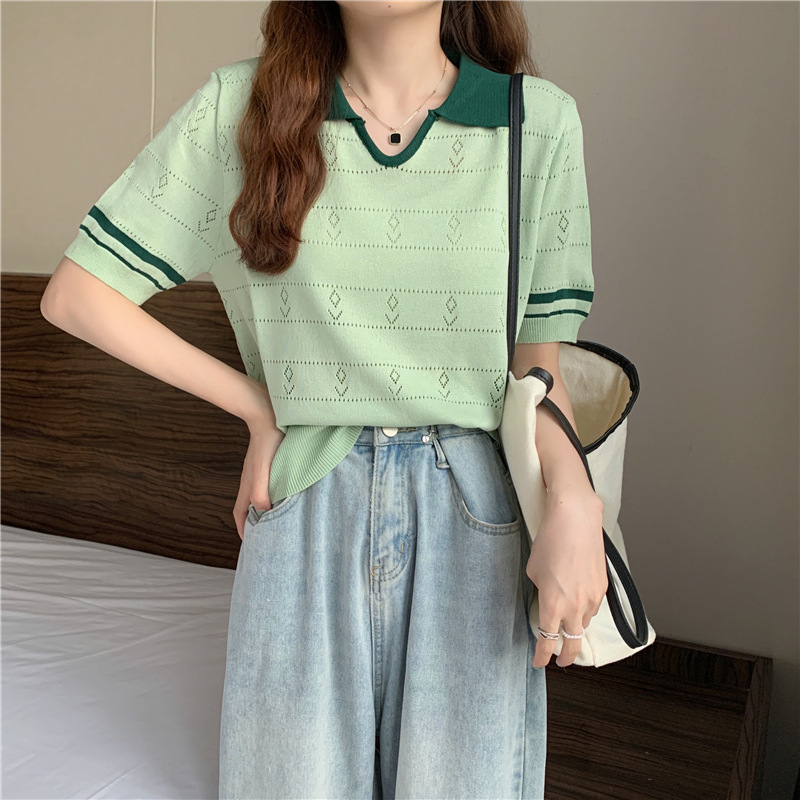 Stella Fashion Sweet Striped Polo Top | Ice Silk Fabric | Slim Fit Pullover | Girly Fashion Blouse