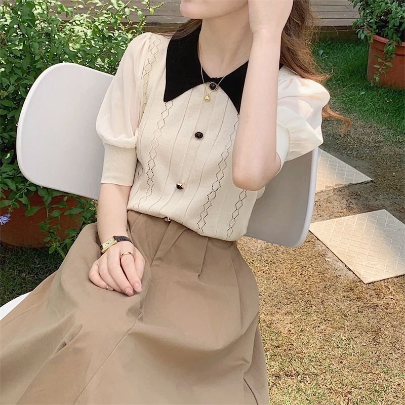 Stella Fashion Vintage Polo Collar Ice Silk Knit Top – Elegant Geometric Pattern, Half Sleeve Pullover