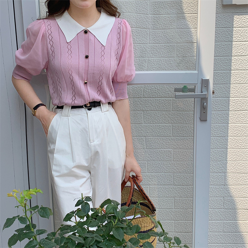 Stella Fashion Vintage Polo Collar Ice Silk Knit Top – Elegant Geometric Pattern, Half Sleeve Pullover