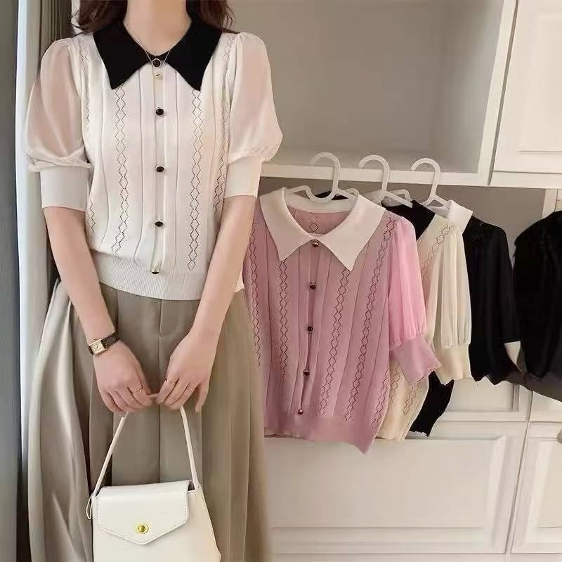 Stella Fashion Vintage Polo Collar Ice Silk Knit Top – Elegant Geometric Pattern, Half Sleeve Pullover