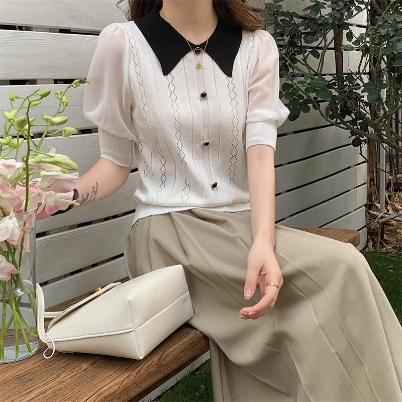 Stella Fashion Vintage Polo Collar Ice Silk Knit Top – Elegant Geometric Pattern, Half Sleeve Pullover