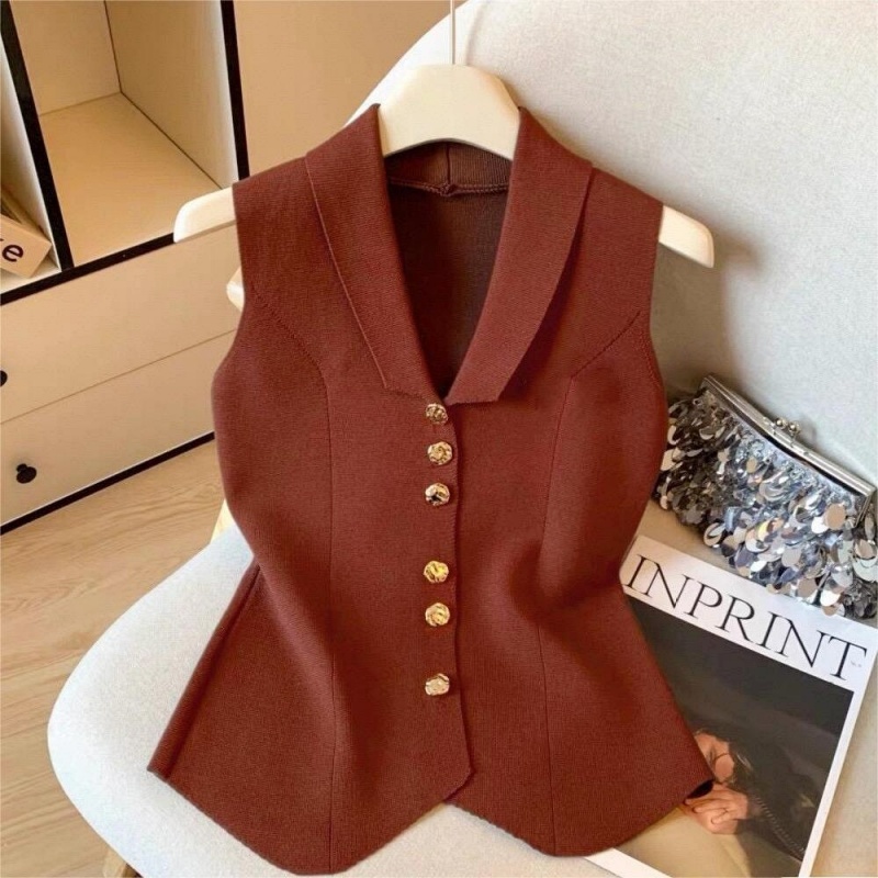 Stella Fashion Women’s Knitted Sleeveless Polo Cardigan – Elegant Slim Fit Top