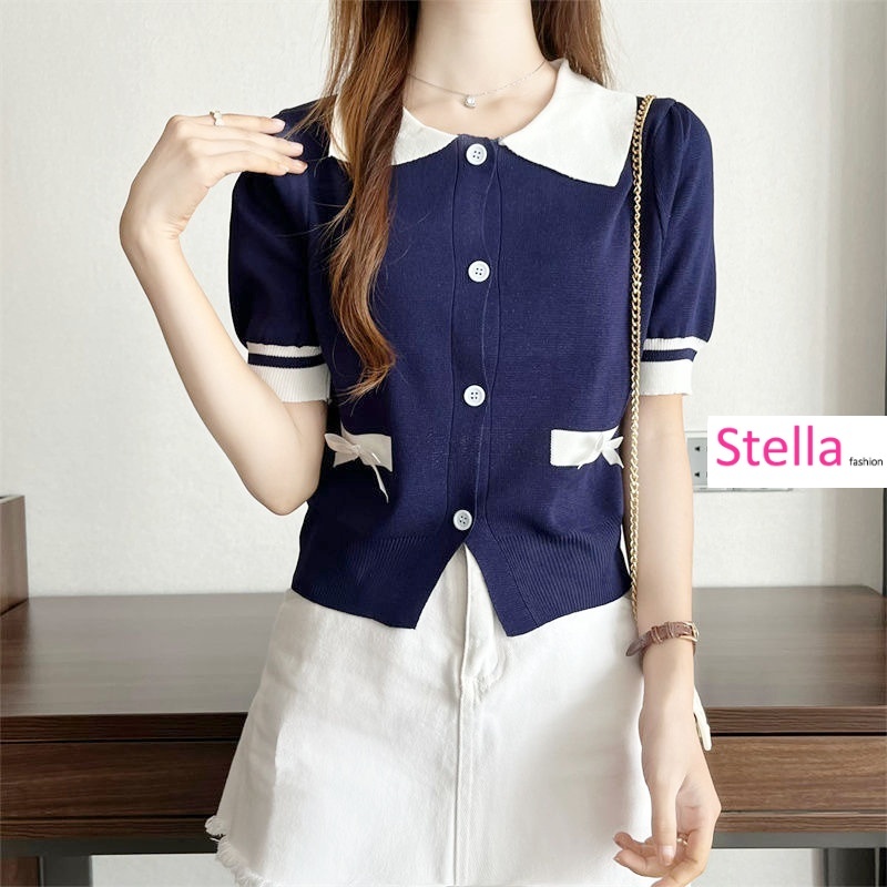 Stella Fashion Women Summer New Style Knit Cardigan Lapel Polo Collar