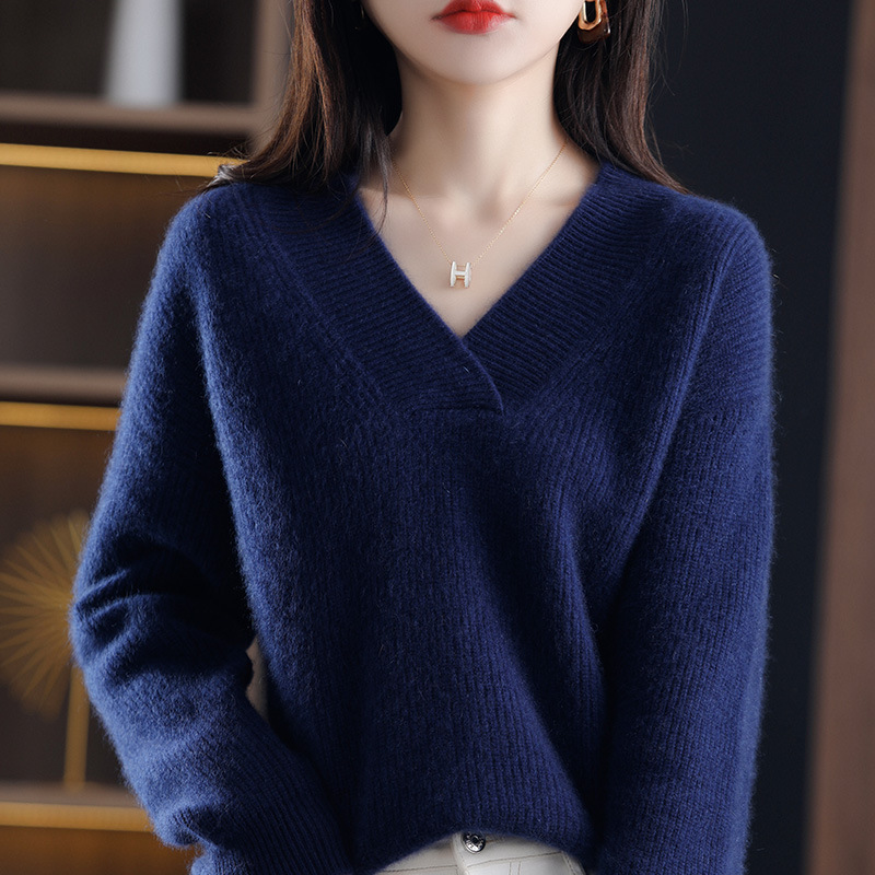 Stella Fashion Korean Style V Neck Knit Sweater Women Loose Fit Long Sleeve Warm Knitted Pullover Casual Winter Top